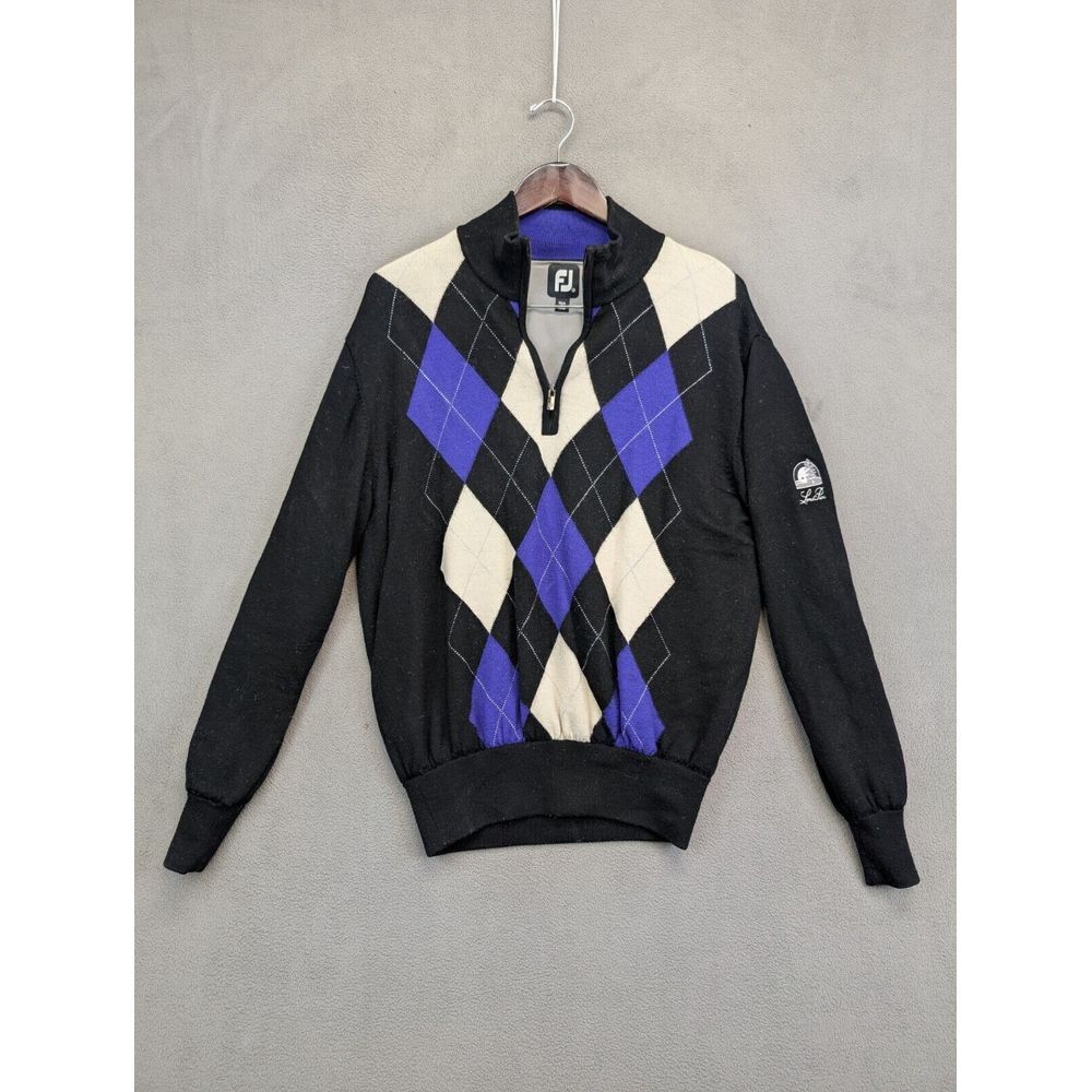 FootJoy Sweater Mens Small Blue Argyle Diamond Wool Golf Lined 1/4 Quarter Zip
